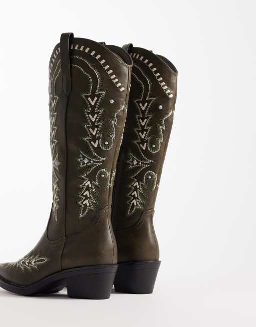 Glamorous - Stivali stile western al ginocchio kaki ricamati, 2 di 4