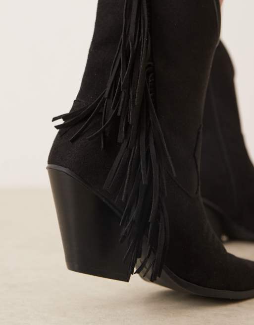 Glamorous - Stivali stile western neri al ginocchio con frange , 3 di 4