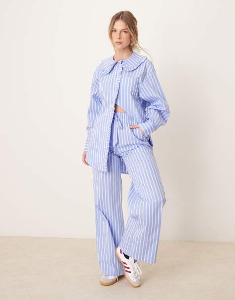 Glamorous straight leg pants in blue stripe (part of a set) - view 1