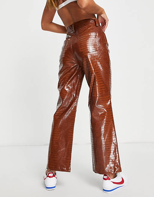 Women Glamorous straight leg trousers in brown faux croc co-ord 