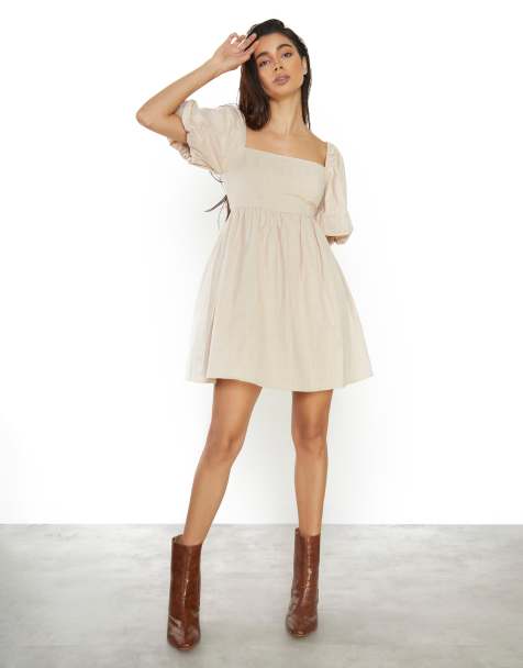 Glamorous Straight neck mini dress in stone - view 1