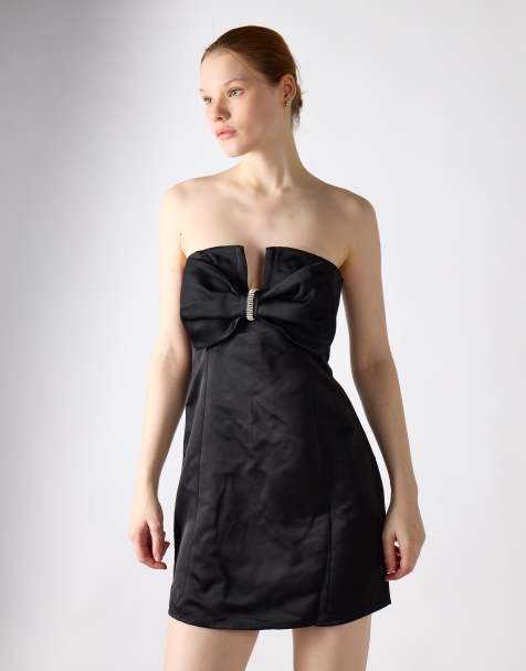 Glamorous Strapless bow mini-dress in black sateen - view 1