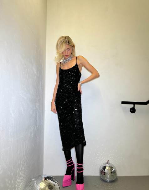 Glamorous Strappy bodycon midaxi-dress in black sequin