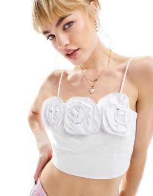 strappy cami crop top with corsage rosette detail in white