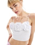 [Glamorous] Glamorous strappy cami crop top with corsage rosette detail in white 8 WHITE