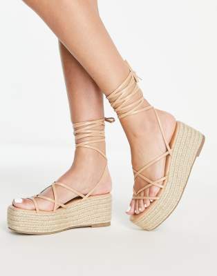 Glamorous strappy espadrille flatform in tan-Brown