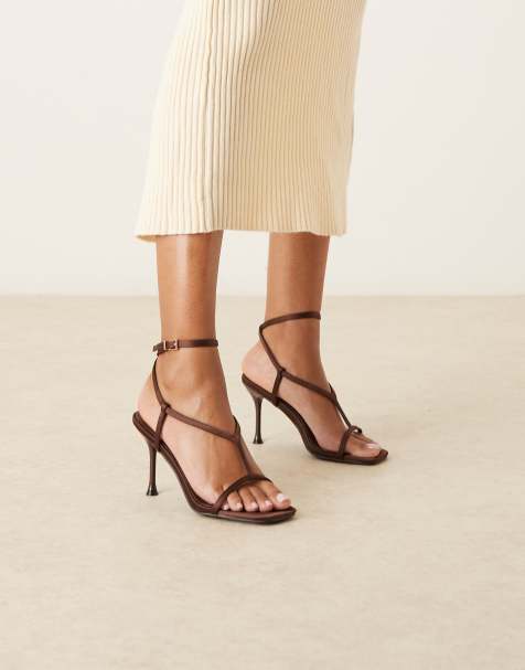 Glamorous strappy heeled sandals in brown satin - view 1