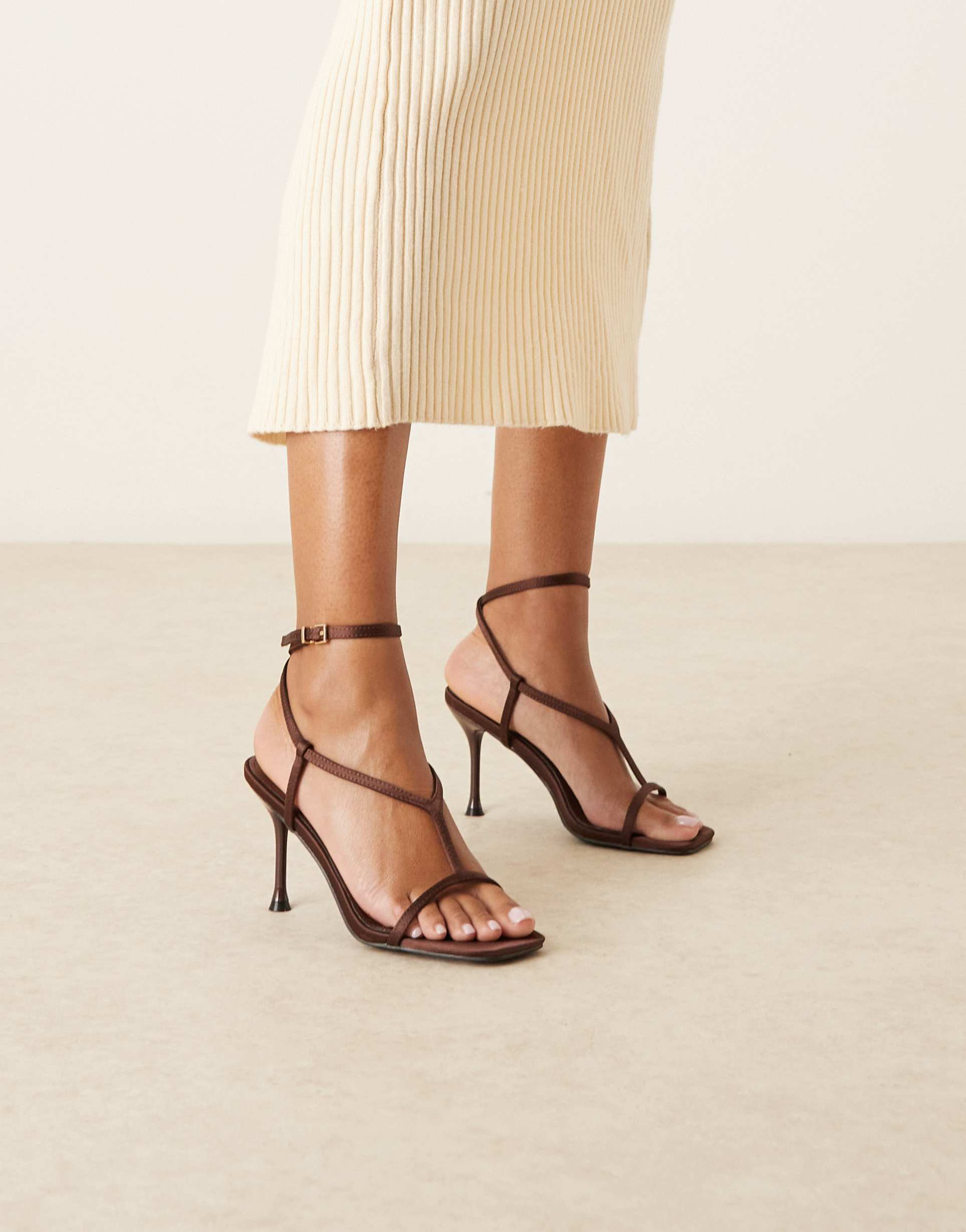 glamorous strappy heeled sandals in brown satin