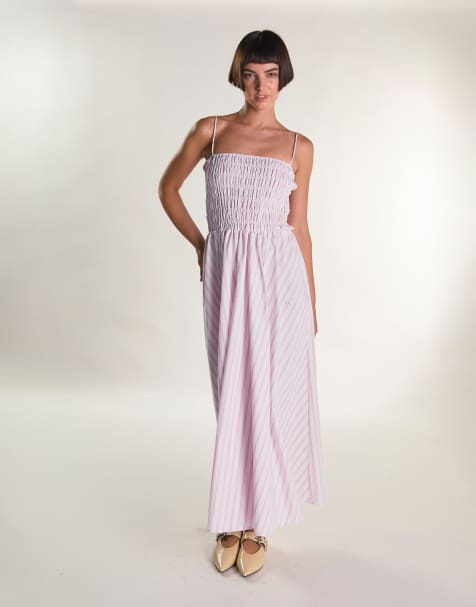 Glamorous Strappy shirring maxi dress in white pink stripe