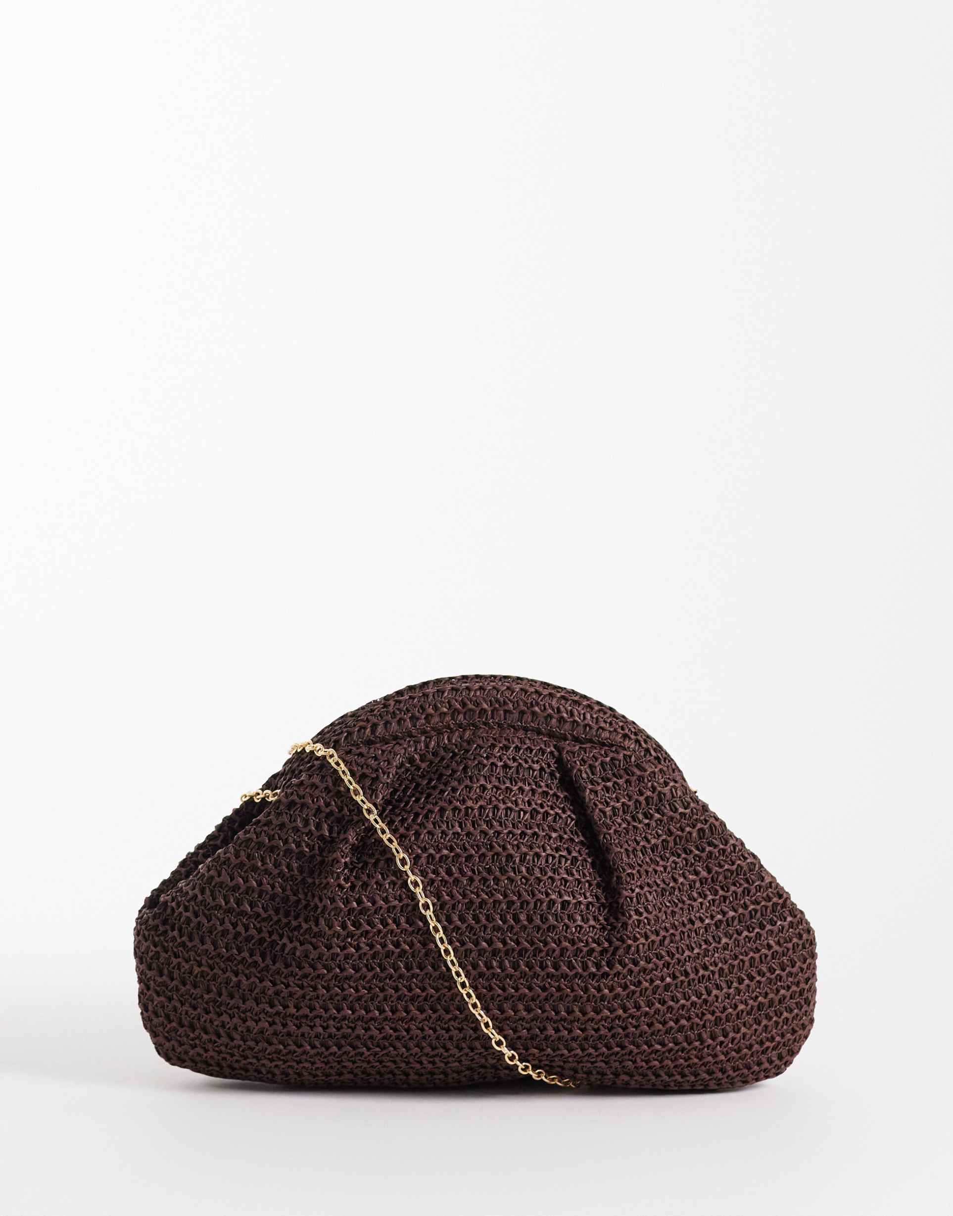 glamorous straw pillow clutch purse in brown