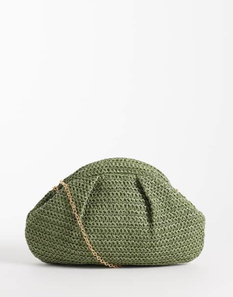 Glamorous straw pillow clutch purse in khaki green - view 1