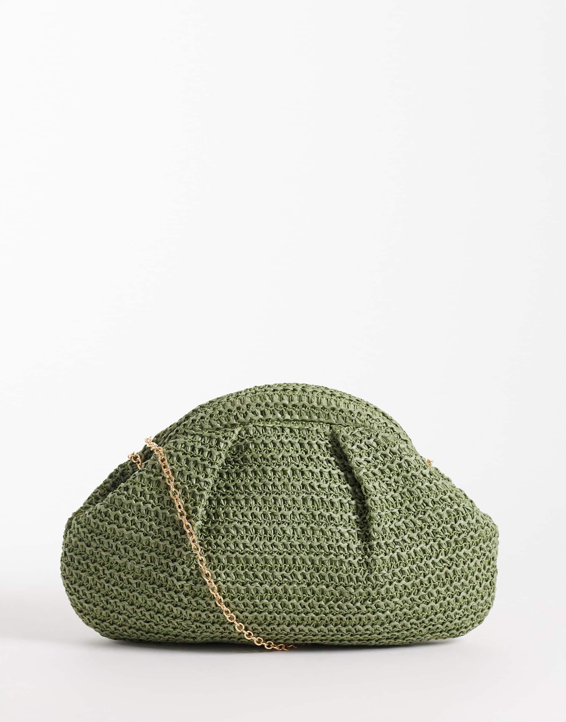glamorous straw pillow clutch purse in khaki green