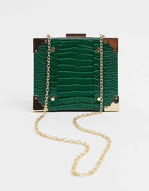 Glamorous structured boxy cross body bag with chain handle in green croc
