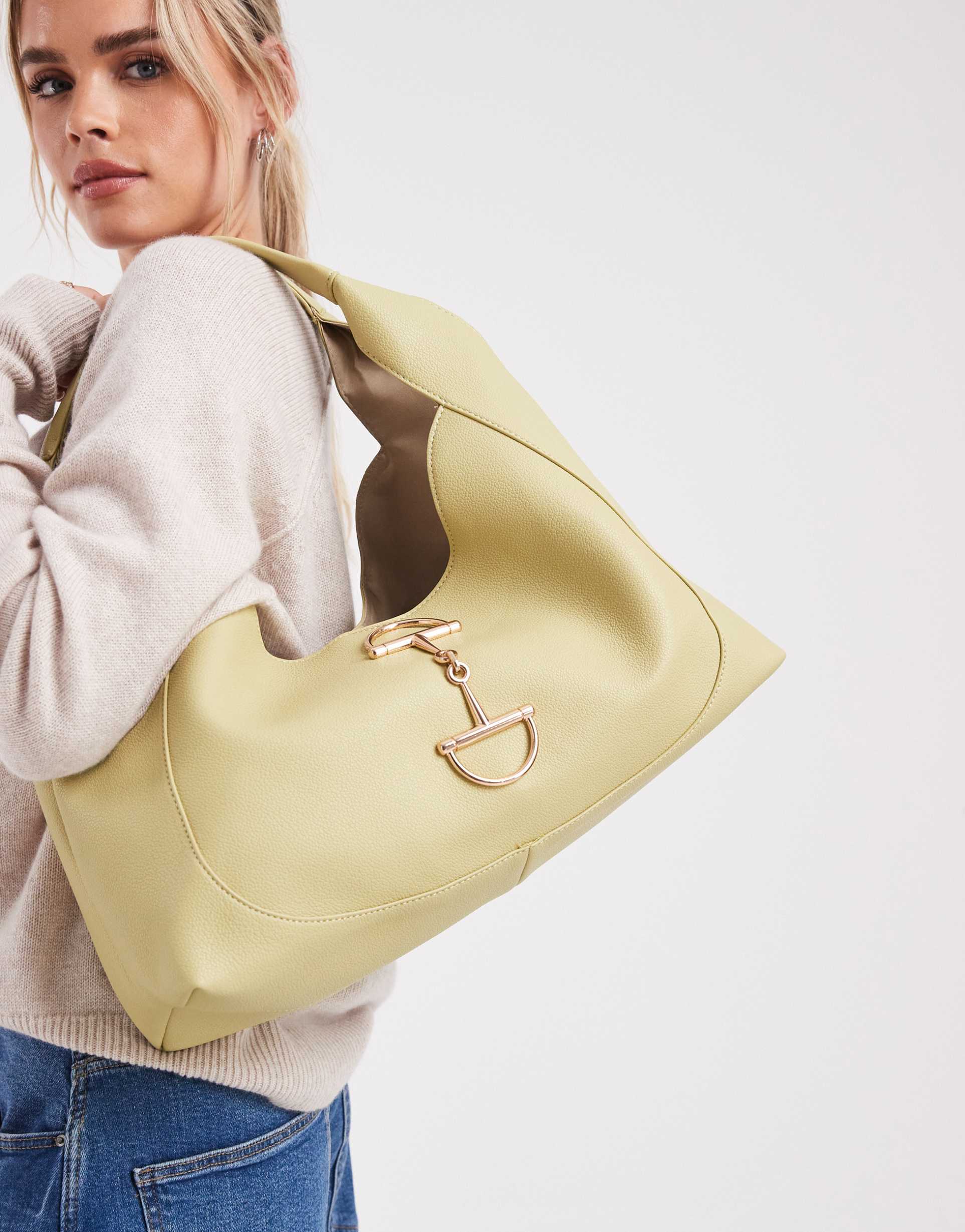 glamorous structured shoulder bag with metal hardware detail in olive