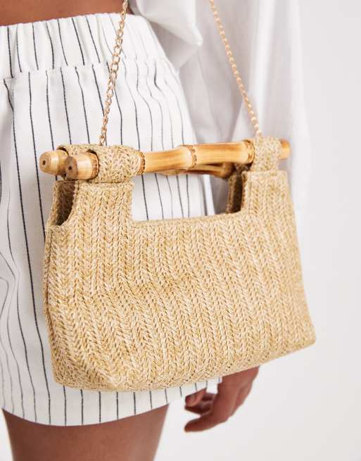 Glamorous - Struktureret raffia-taske i neutrale farver med hank i imiteret bambus, 2 af 4