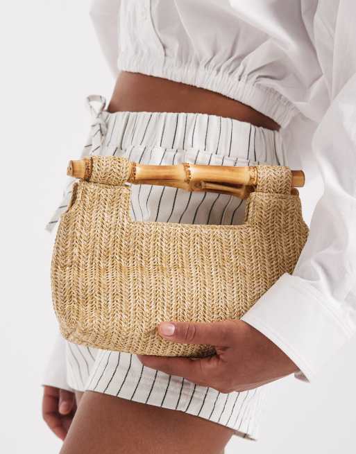 Glamorous - Struktureret raffia-taske i neutrale farver med hank i imiteret bambus, 4 af 4