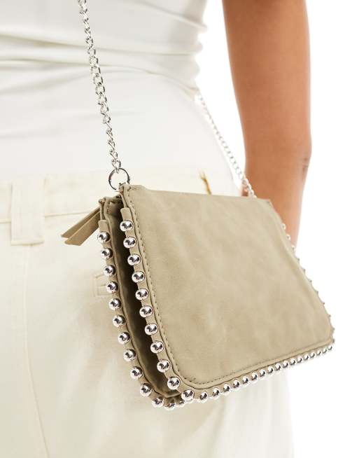 Glamorous stud detail crossbody bag in washed khaki