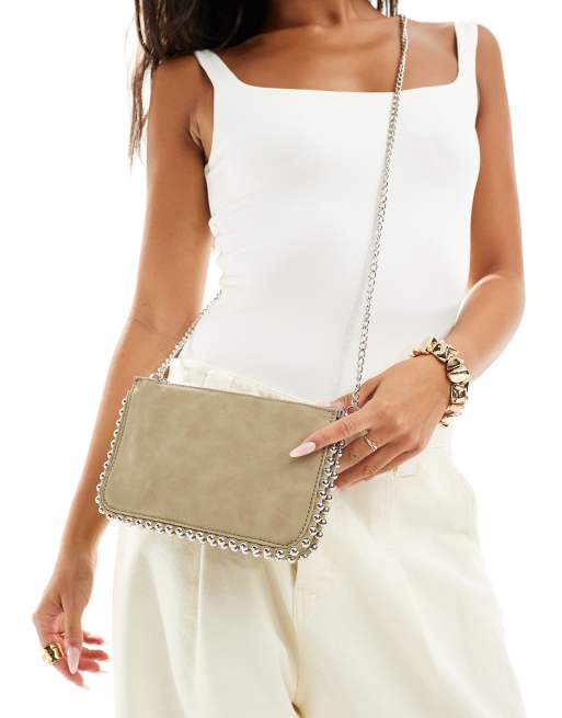 Glamorous stud detail crossbody bag in washed khaki