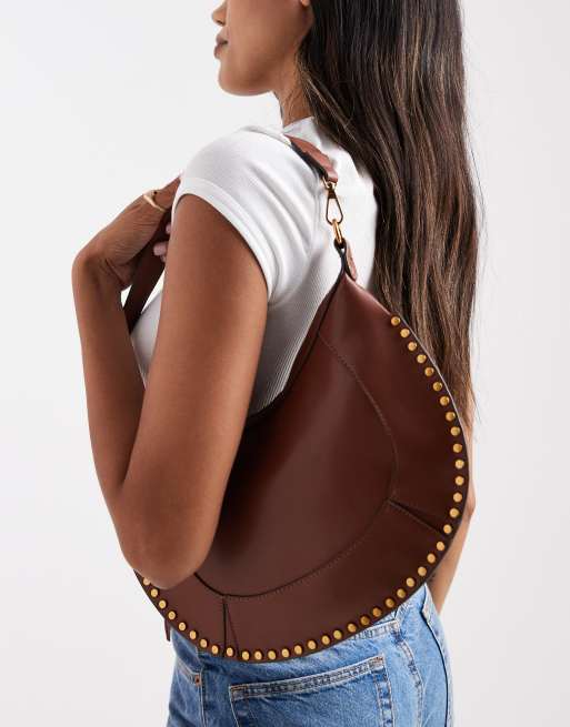 Glamorous stud detail shoulder bag in brown