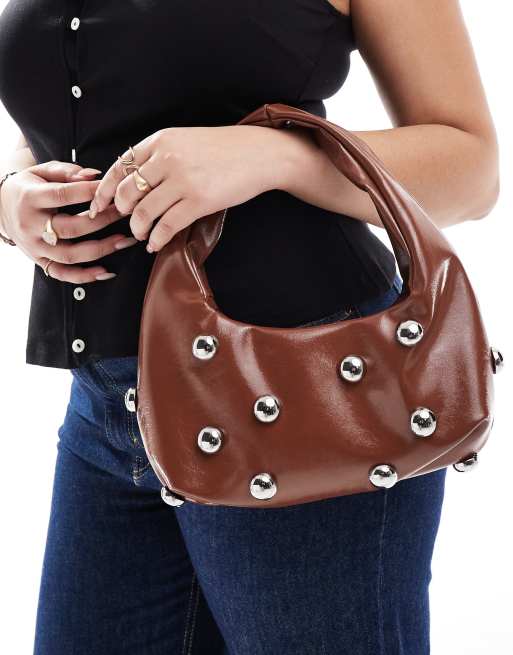 Glamorous studded mini grab bag in tan 