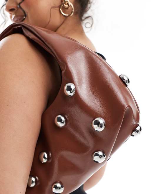 Glamorous studded mini grab bag in tan 