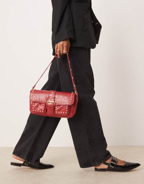 Glamorous studded pocket detail 90s shoulder bag in burgundy - view 1