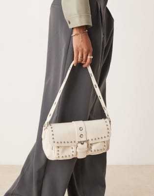 studded pocket detail 90s shoulder bag in cream-White