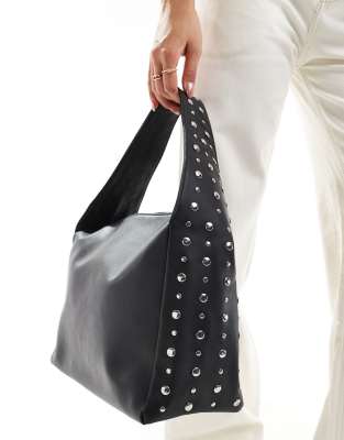 studded shoulder tote bag in black