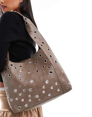 studded shoulder tote bag in washed gray