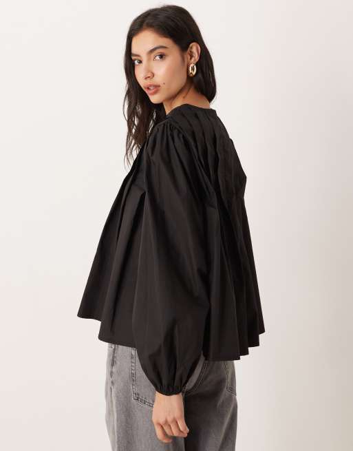 Glamorous – Svart blus med långa ärmar och knytning framtill, 4 av 4