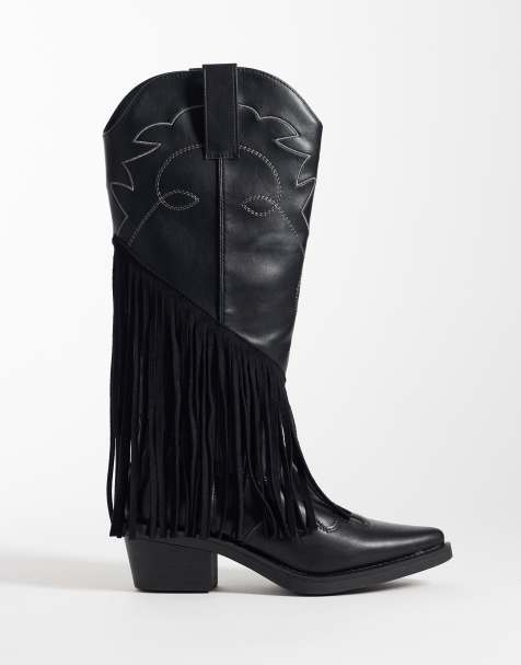Glamorous – Svarta knähöga boots med fransar i cowboystil - view 1