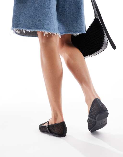 Glamorous – Svarta, prickiga, platta ballerinaskor i mesh, 3 av 4