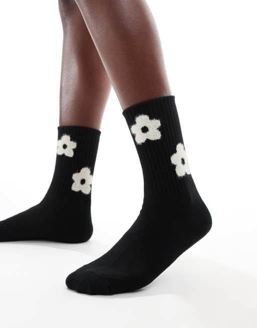 Glamorous – Svarta strumpor med broderade blommor 