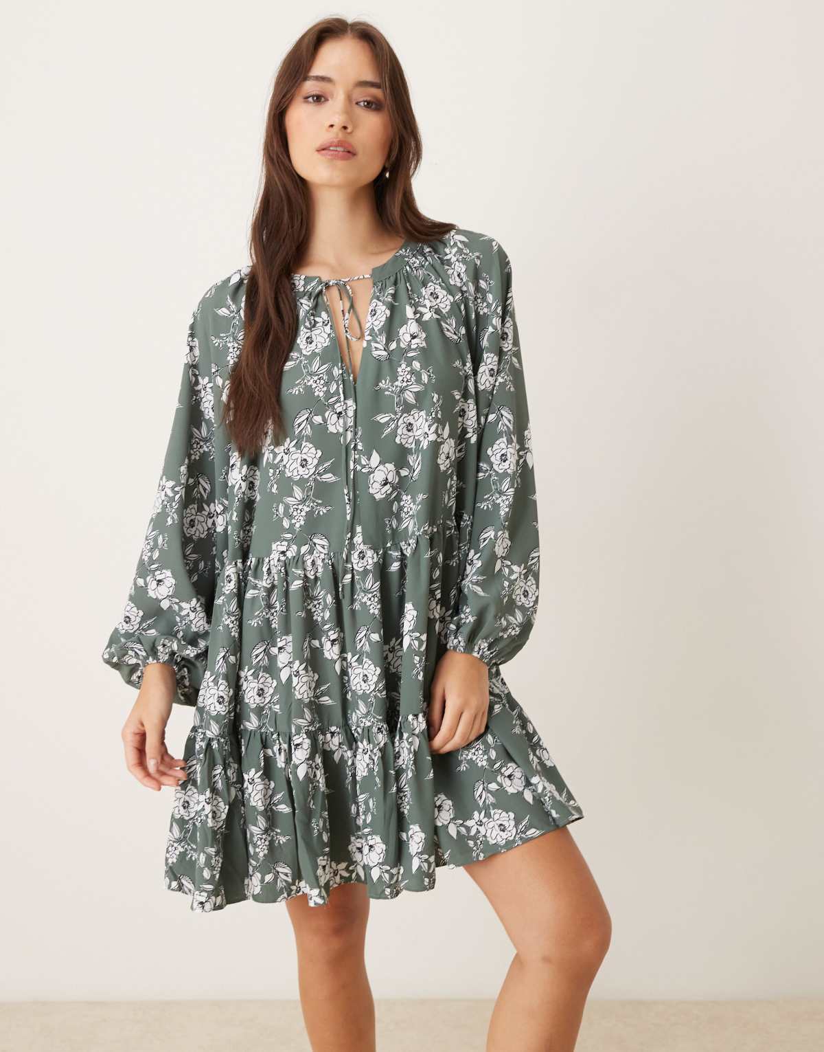 Glamorous Swing mini dress in khaki white floral