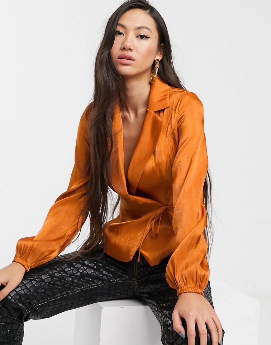 Glamorous tailored blouse with tie front in luxe satin-Brown