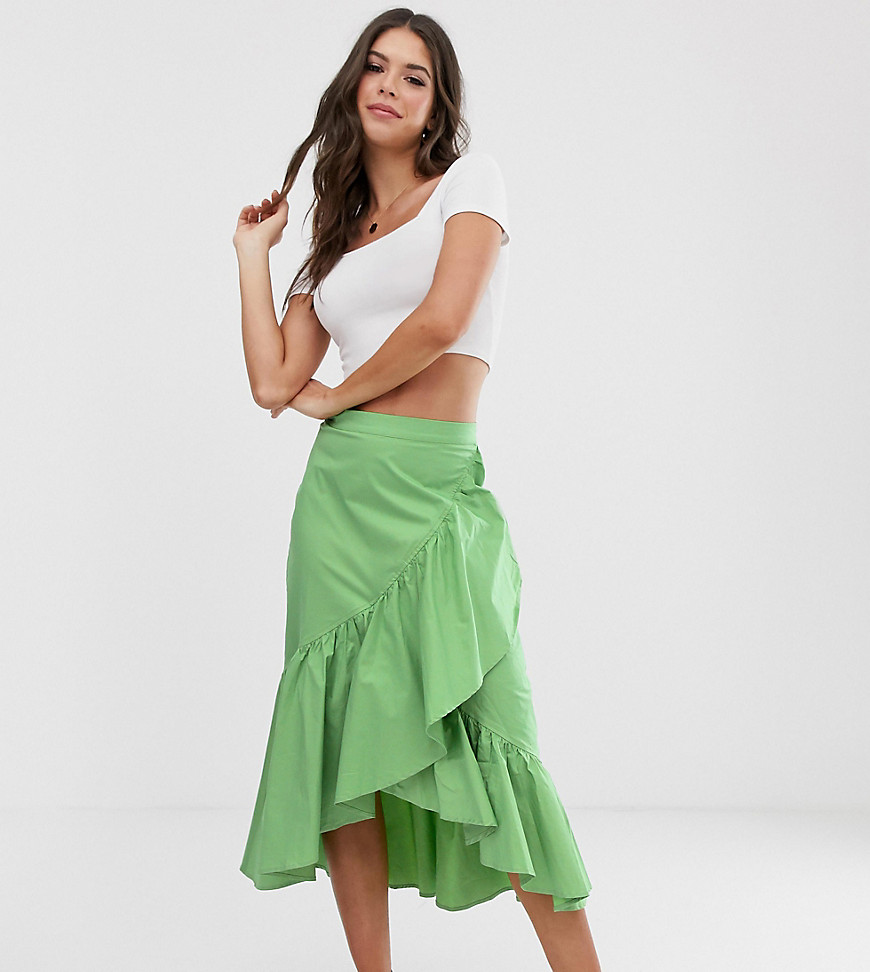 Glamorous Tall asymmetric midi skirt with ruffle-Green