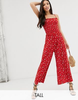 Glamorous Tall cami heldragt med rynker og småblomstret print-Rød