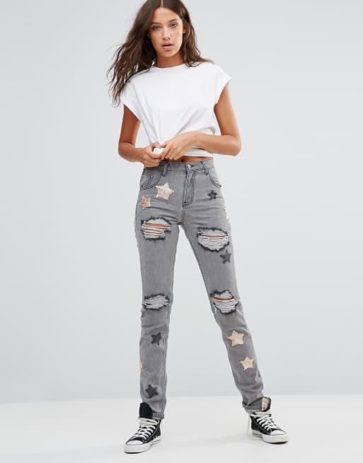 Glamorous Tall Distressed Boyfriend Jean With Sequin Star Detail ASOS