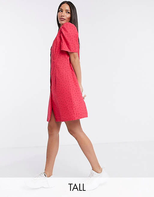 Glamorous Tall - Jordgubbsröd skjortklänning i småmönstrad minimodell