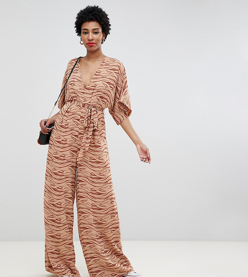 Glamorous Tall jumpsuit with kimono sleeves in subtle zebra-Beige