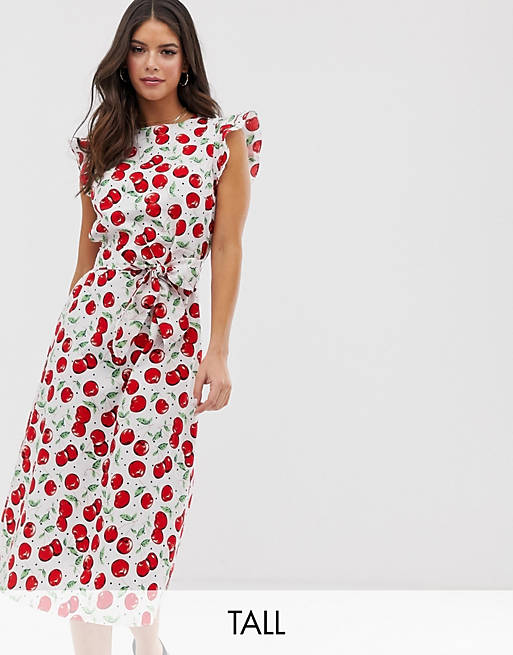 Glamorous Tall midi dress with ruffle sleeves and tie waist in cherry print