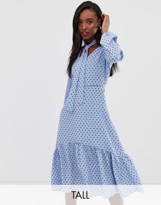 Glamorous Tall - Midi-jurk met halsstrik en stippenprint-Blauw