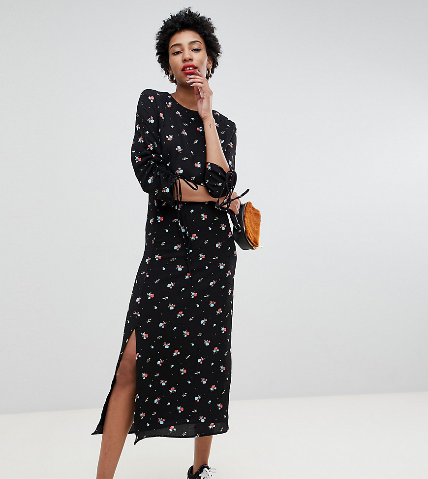 Glamorous Tall - Midi-jurk met vintage bloemenprint-Zwart