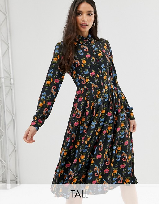 Glamorous Tall midi shirt dress with pleated skirt in bird floral