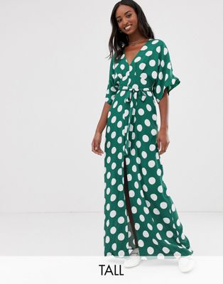 Glamorous Tall – Prickig maxiklänning med kimonoärmar och knytband i midjan-Grön
