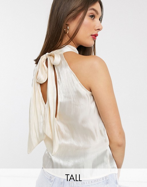 Glamorous Tall sleeveless top with tie neck in textured satin