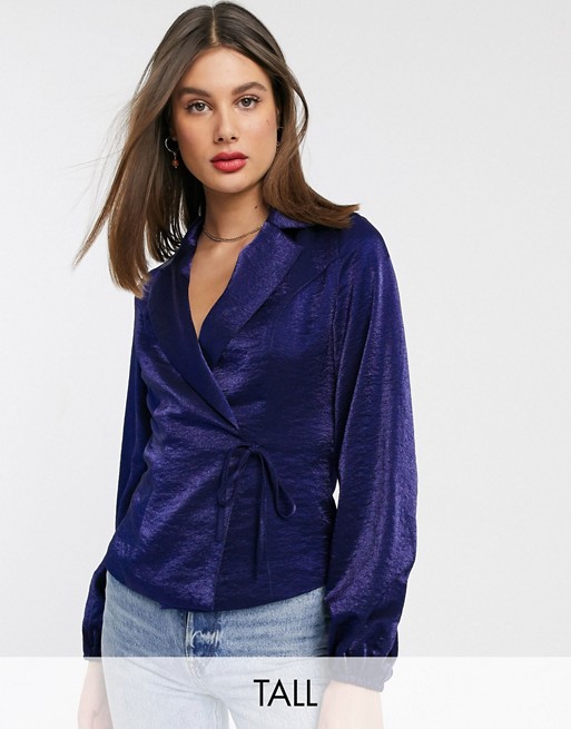 Glamorous Tall tailored blouse with tie front in luxe satin