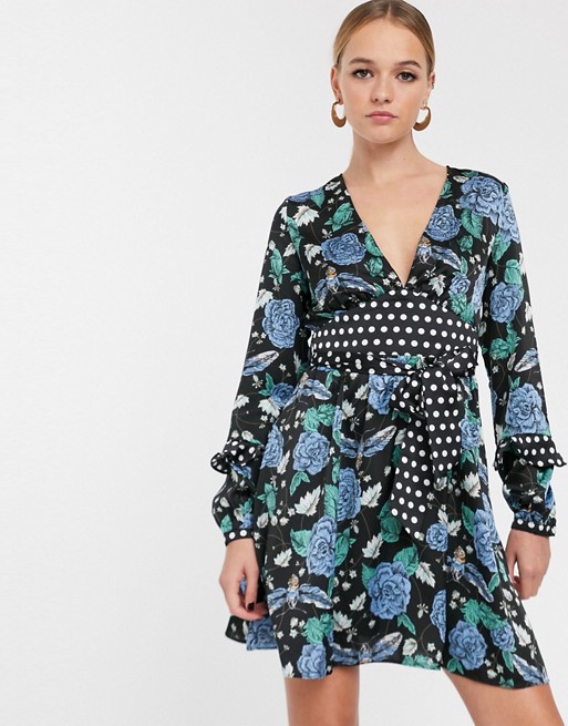 Glamorous tea dress with tie waist in floral spot print mix