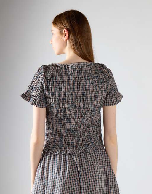 Glamorous Textured short sleeve top in taupe blue check, 4 of 4