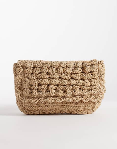 Glamorous textured straw raffia shoulder clutch bag in neutral - view 1